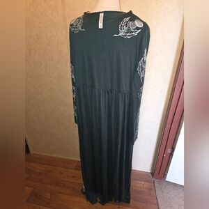 Dark Green Maxi Dress with Leaf Print